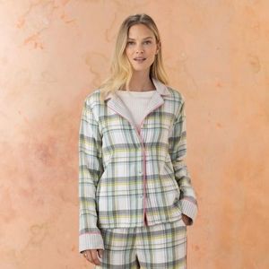 Sundance Powder Pastel Green Pink Yellow Plaid Pajama Top Shirt Soft